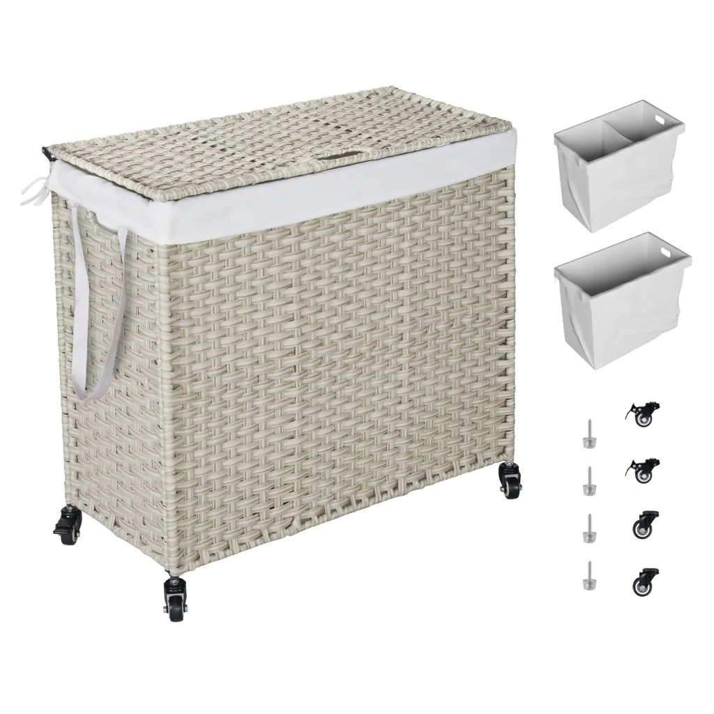 Laundry Hamper Lid PE Rattan Powder Coating Frame Clothes Basket beefurni
