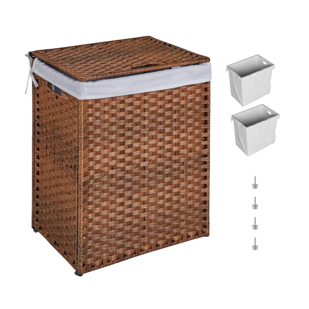Rattan Laundry Hamper Lid Powder Coated Frame Clothes Basket beefurni