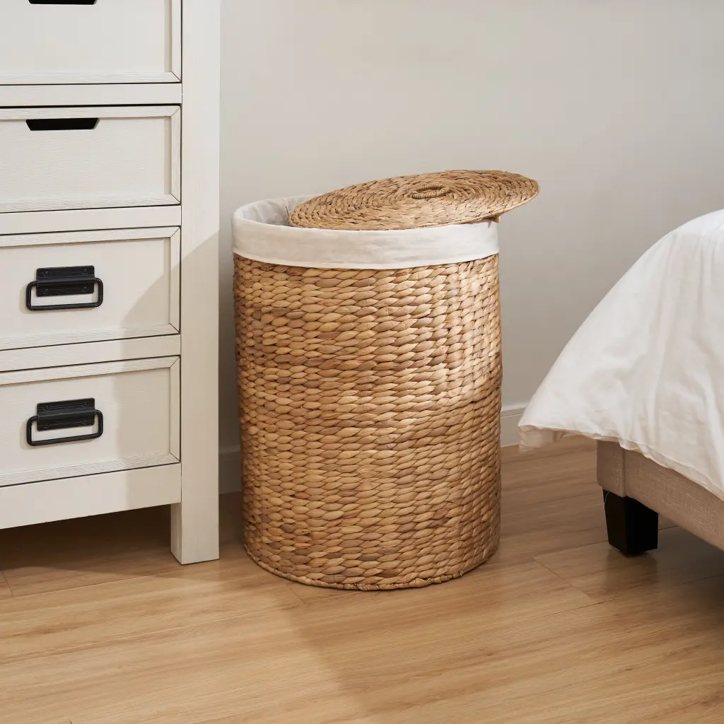 Ludmilla Round Tall Laundry Hamper Woven from Water Hyacinth Wicker Lid Bedroom or Bathroom sol