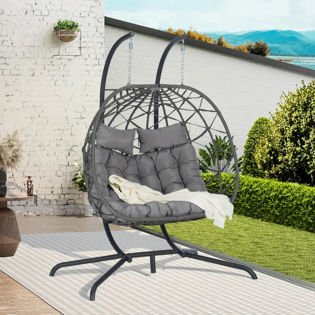 2 Person Outdoor Rattan Hanging Chair Patio Wicker Egg Chair Stand deeray store