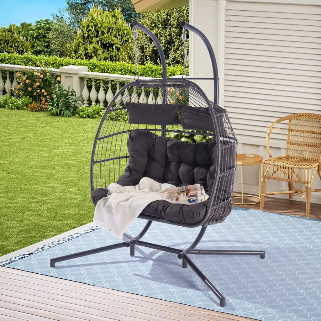 2 Person Outdoor Rattan Hanging Chair Patio Wicker Egg Chair Stand deeray store