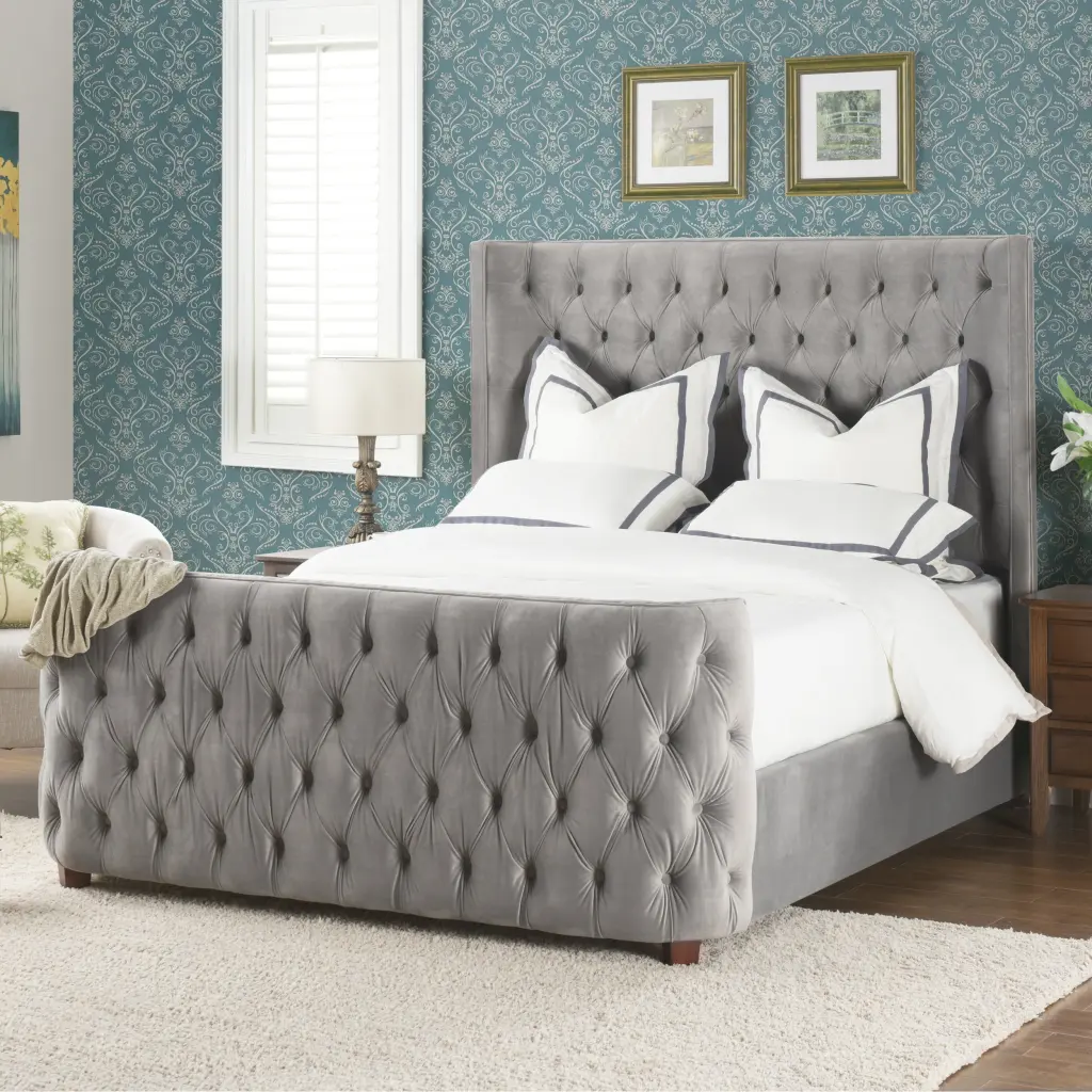 Brooklyn Queen Tufted Panel Bed Headboard And Footboard Set Opal Grey - Elegant Bedroom Furniture jennifer taylor home