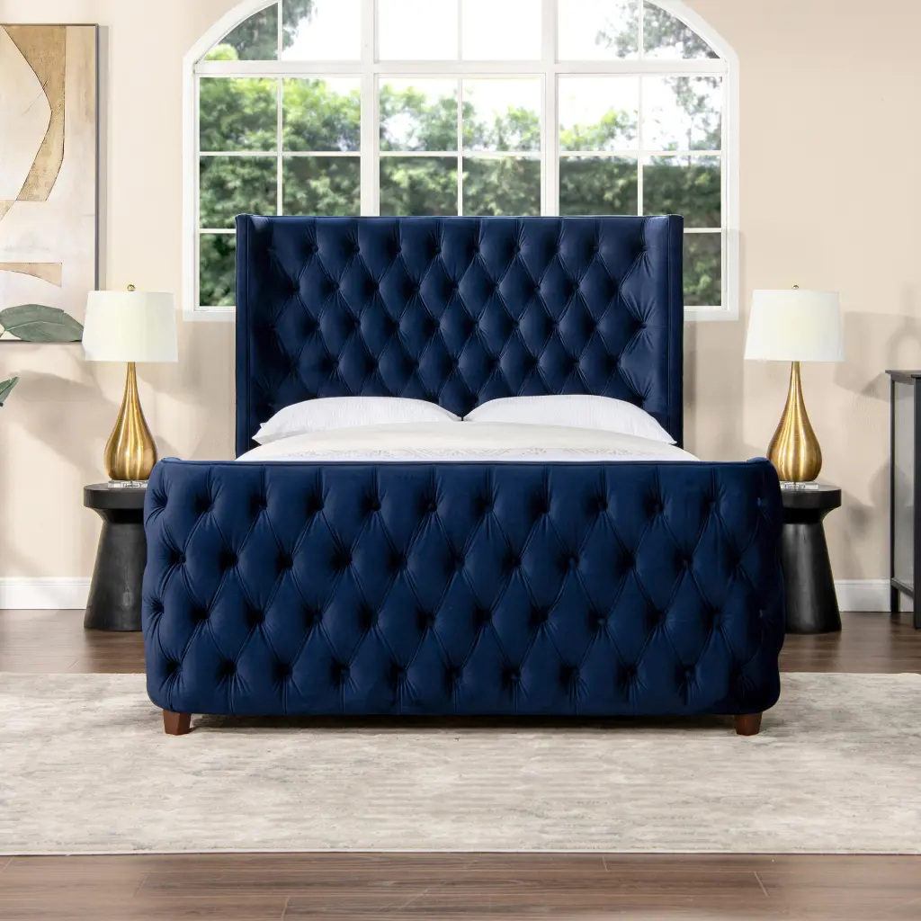 Brooklyn Queen Tufted Panel Bed Headboard and Footboard Set Navy Blue jennifer taylor home