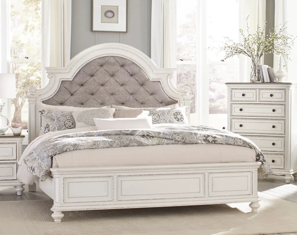 Antique White Finish Queen Size Button Tufted Upholstered Headboard Bed Frame kanepe