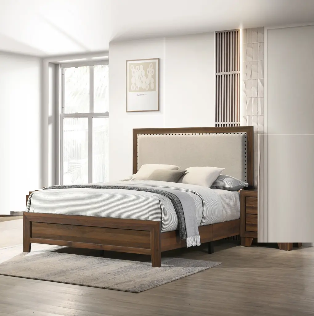 Brown Cherry Finish Upholstered Headboard Tufted Trim 1Pc King Size Bed Headboard kanepe