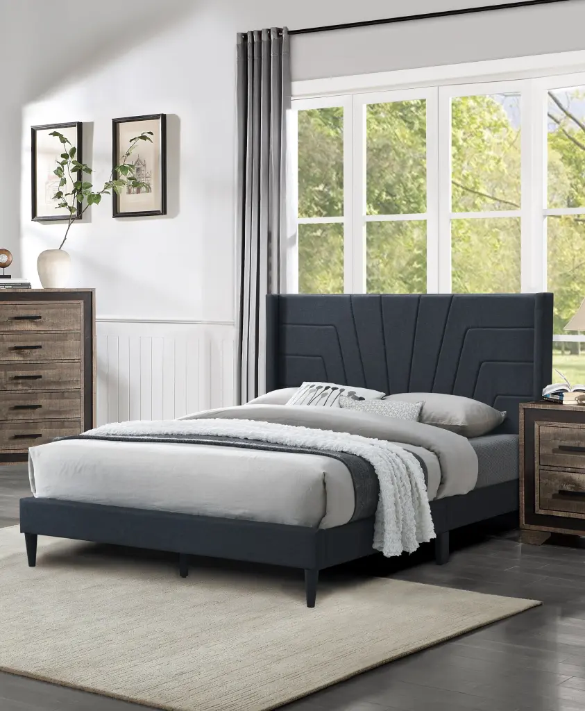 Charcoal Hue Queen Size Bed Burlap Upholstered Headboard Modern Bedroom Furniture kanepe