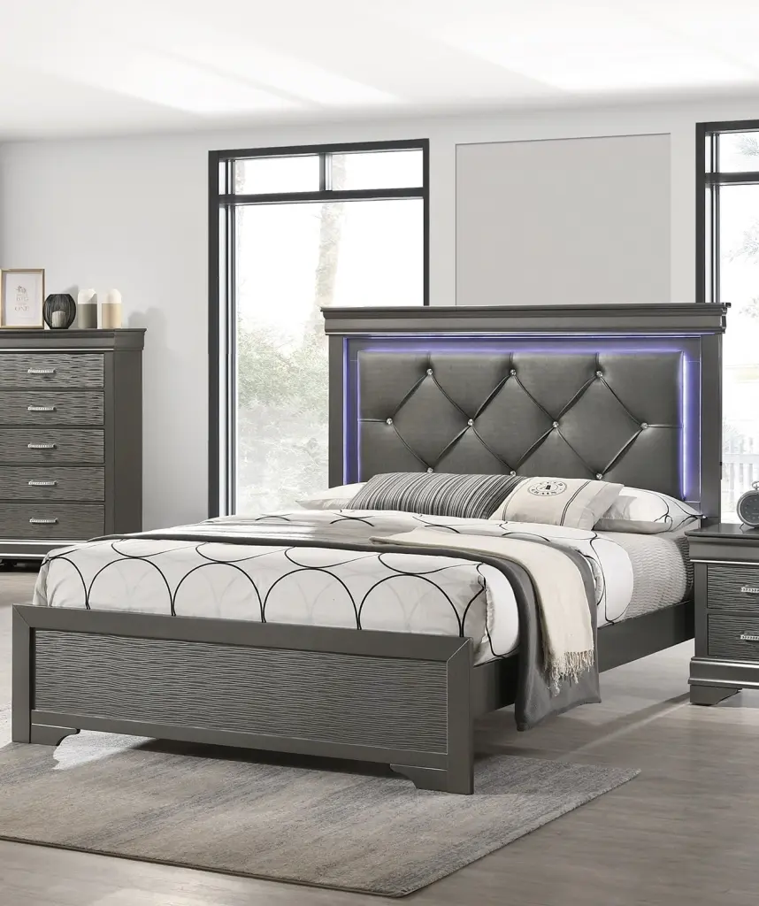 Dark Gray Faux Hide Tufted Headboard Queen Size LED Bedroom Lighting kanepe