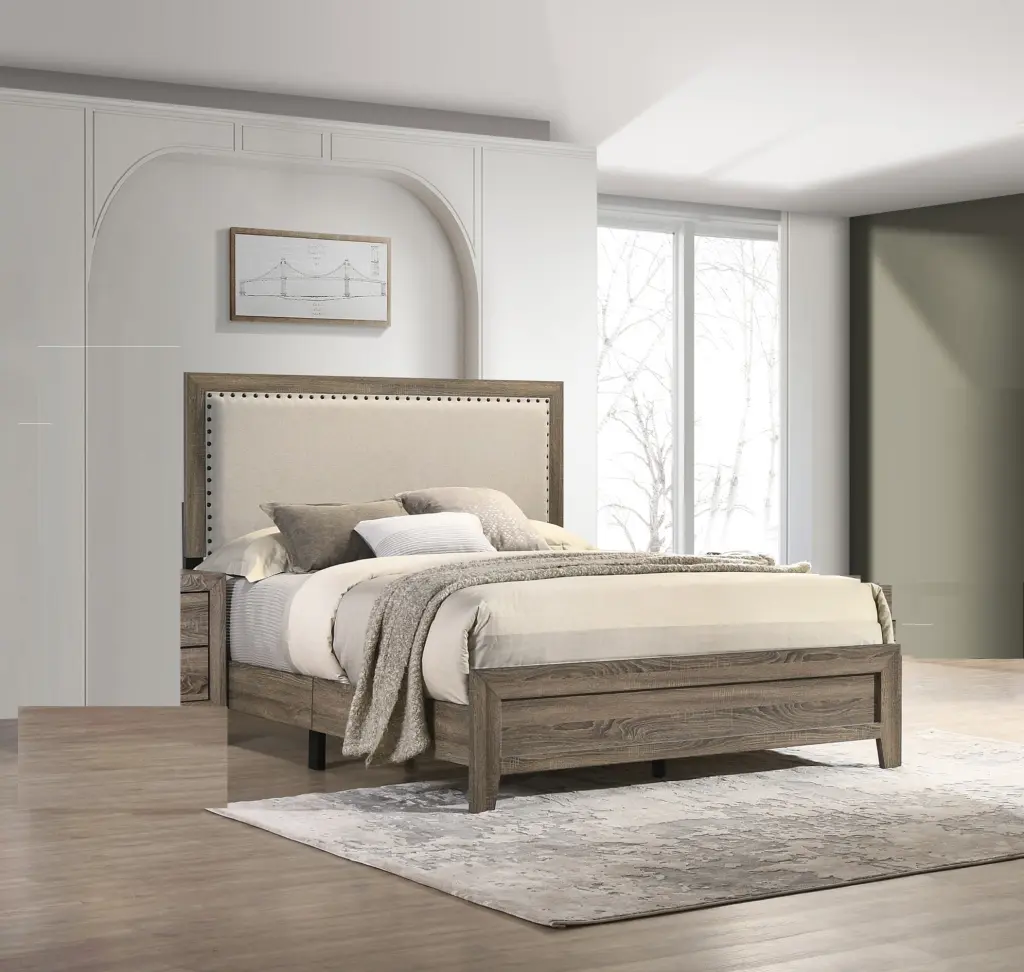 Grey Fabric Upholstered Queen Size Headboard Tufted Trim kanepe