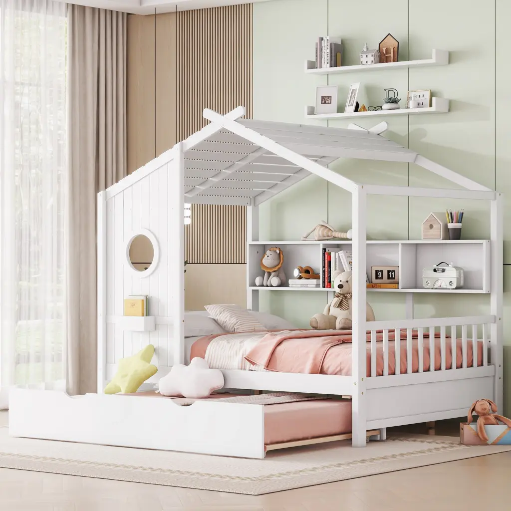Timber Full Size House Bed Trundle Modern Design Kids Safety Rails homey life