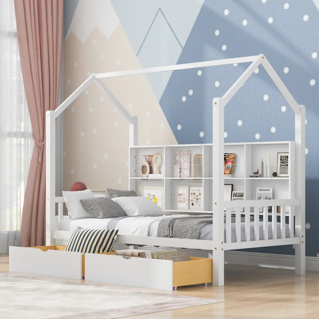 Timberen Twin Dimensions House Bed 2 Drawers Kids Bed Storage Shelf Bedroom homey life