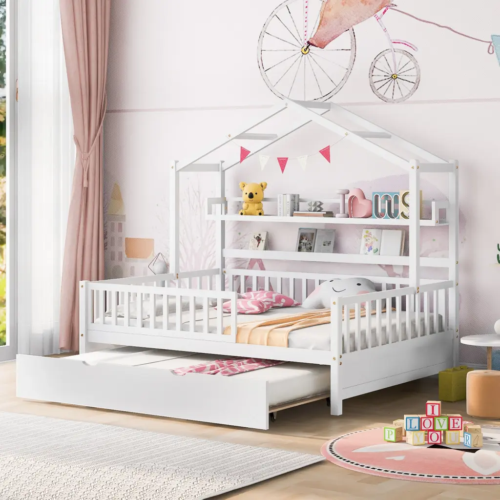 Wooden Full House Bed Twin Trundle and Kids Shelf homey life