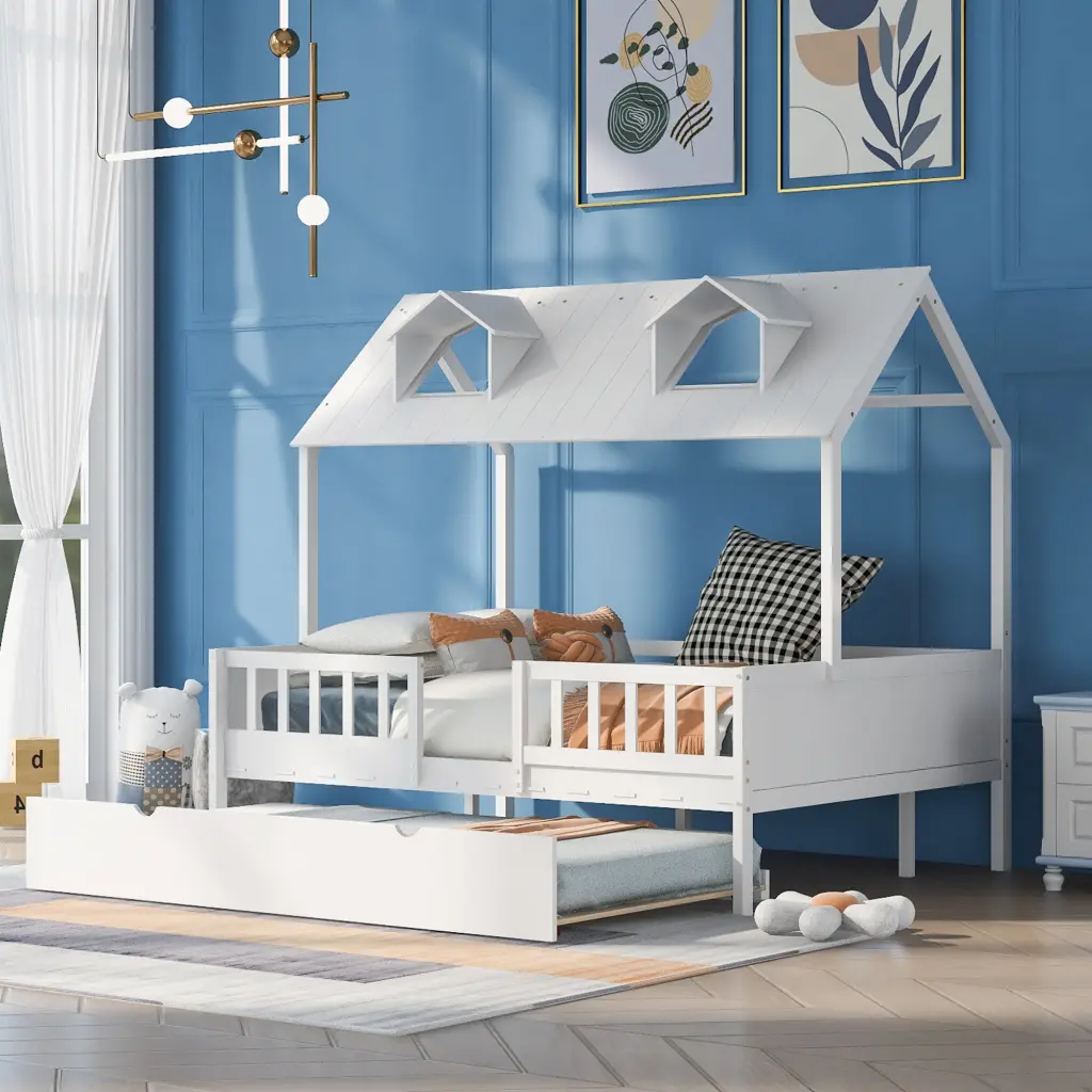 Full Dimensions House Bed Twin Trundle White Solid Timber lucky furniture