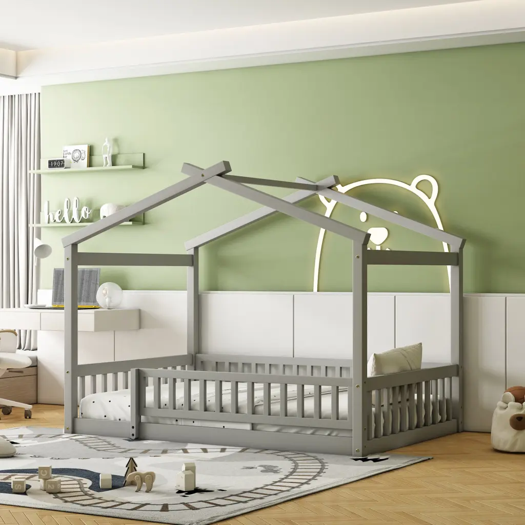 Full Dimensions Timber Bed House Bed Frame Fence Kids Teens Girls lucky furniture