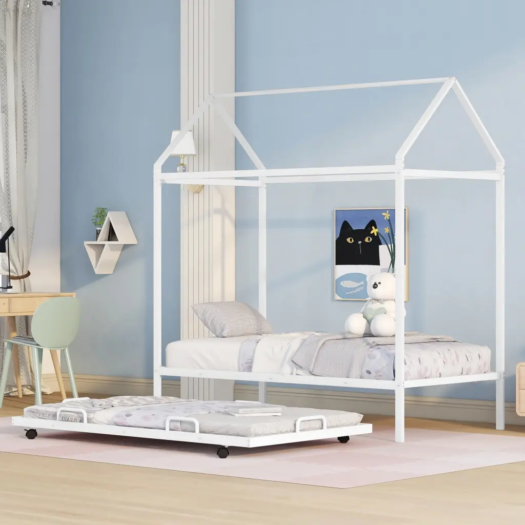 Twin Size Kids House Bed Trundle White Metal Frame Children's Room lucky furniture