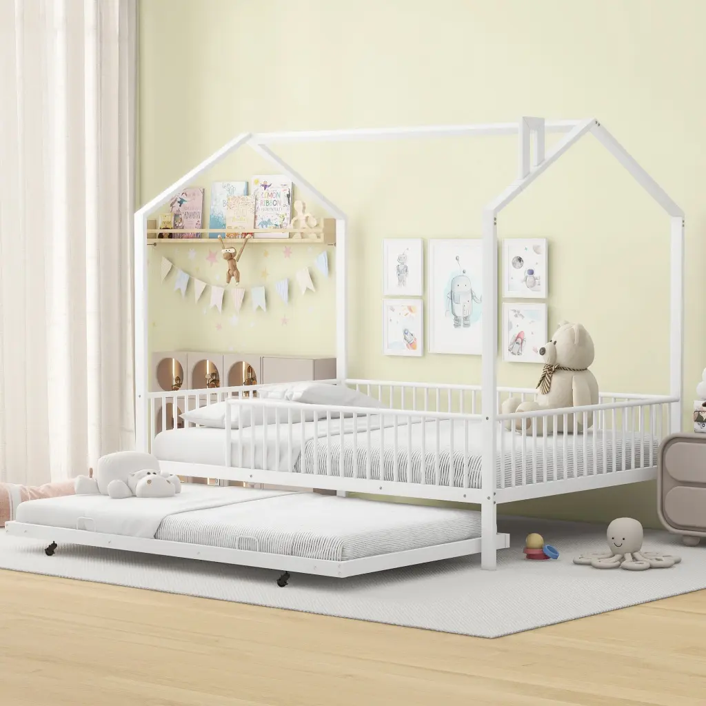 Full Dimensions Metallic House Bed Fence And Trundle White wm dreamland