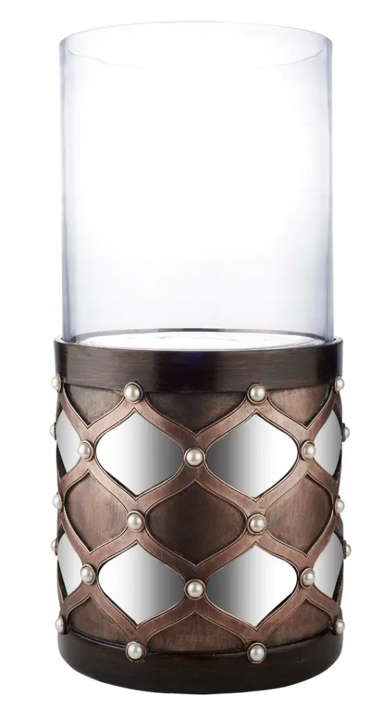 22 Inch Tall Candleholder Hurricane Crystal Arabesque Mirror Design Brass Finish california home