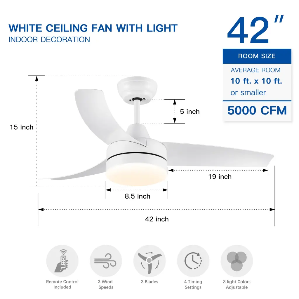 42 Inch Indoor White Ceiling Fan LED Light Matte White Modern ABS Blades yuhao w1367