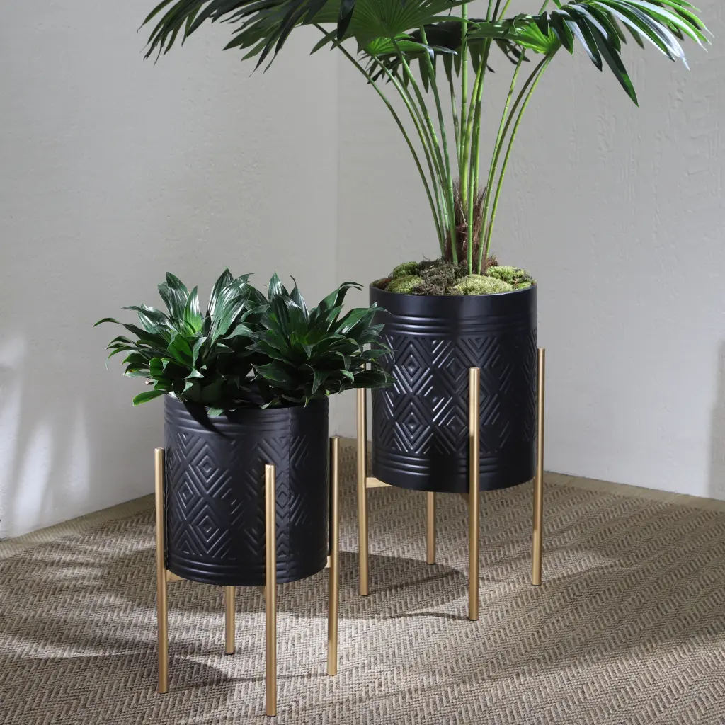 Aztec Planter On Metallic Stand Black Ferrous Metal Indoor Outdoor homedecoraccessories