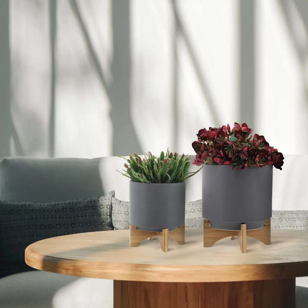 S 2 8 10 Inch Planter Timber Stand Matte Gray Porcelain Indoor Plants homedecoraccessories