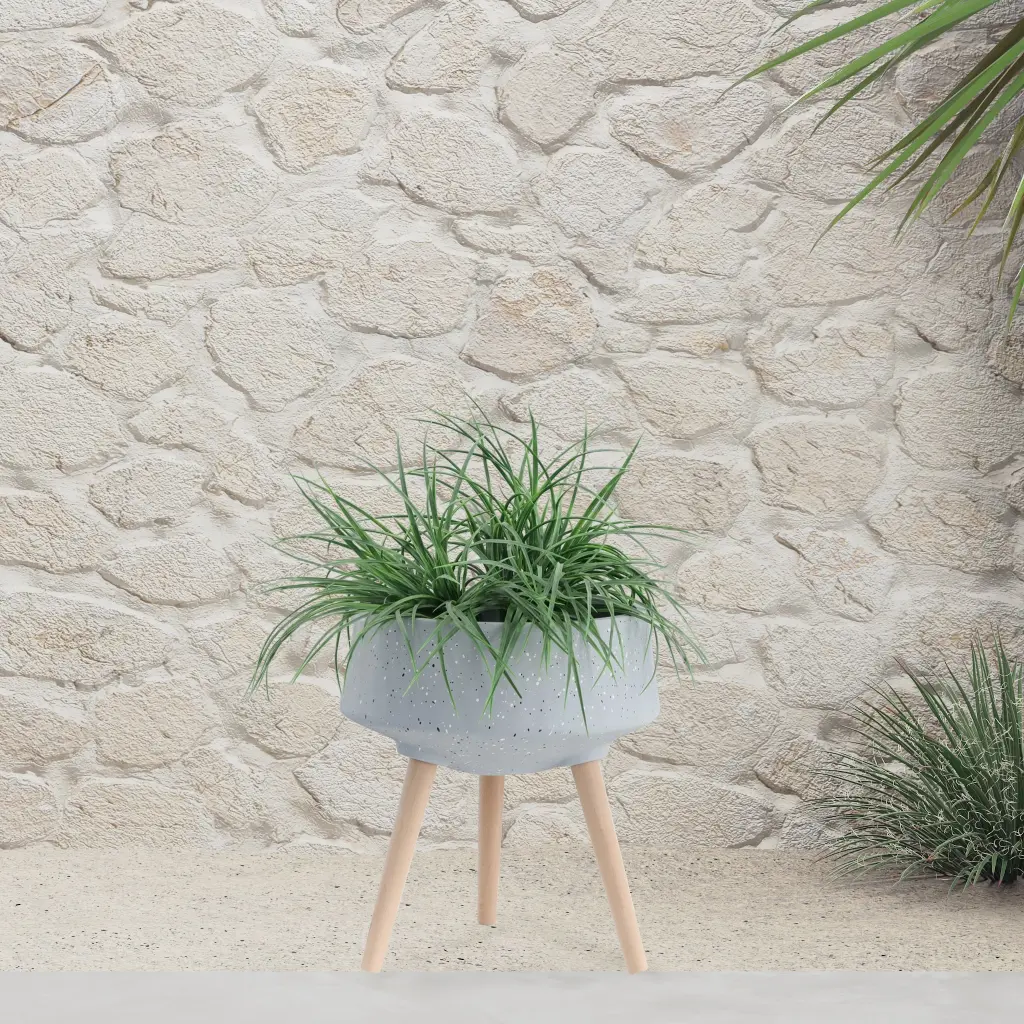 15 Inch Terrazzo Planter Timber Legs Gray Polyresin homedecoraccessories