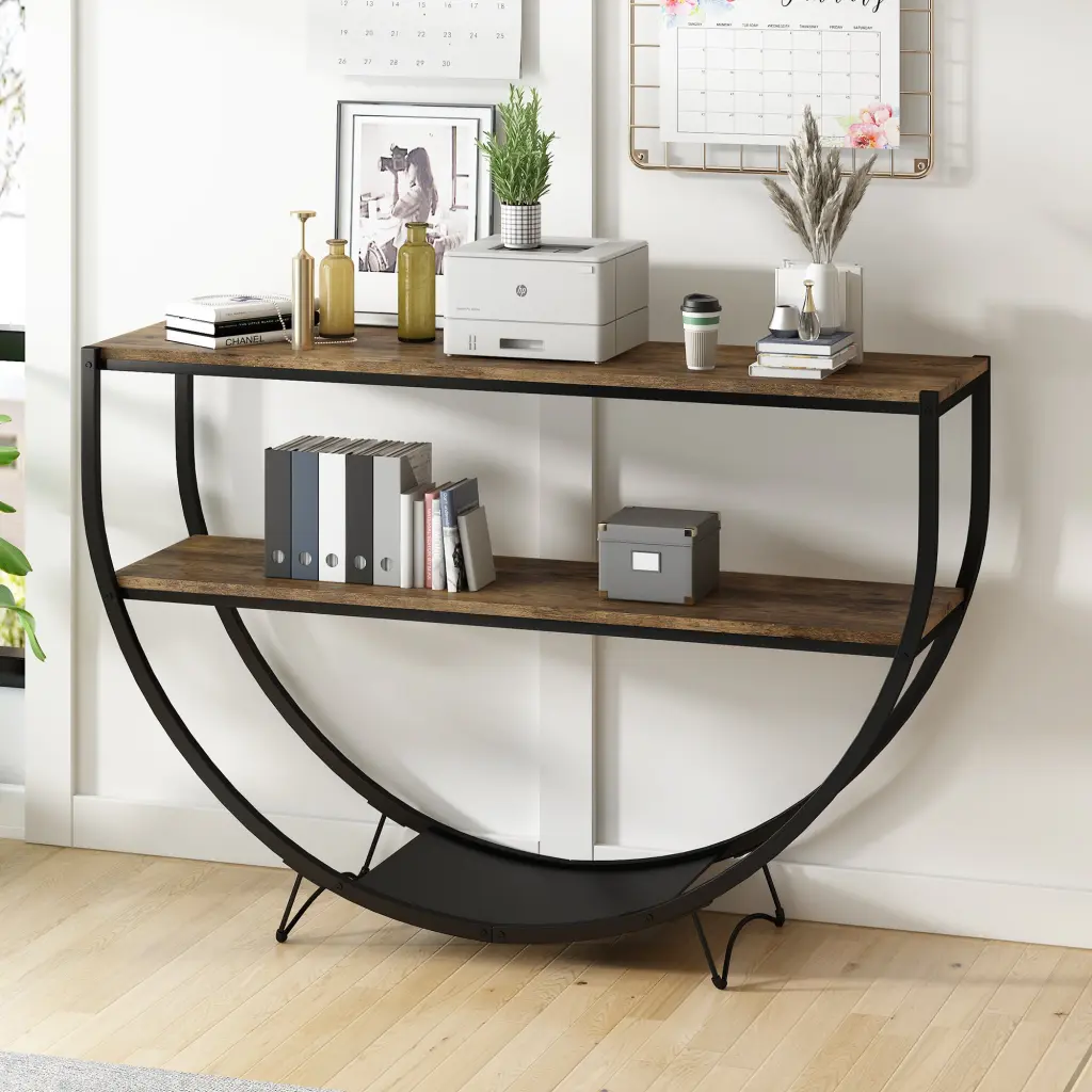 Rustic Industrial Demilune Table Textured Metallic Distressed Timber Console Table rnb