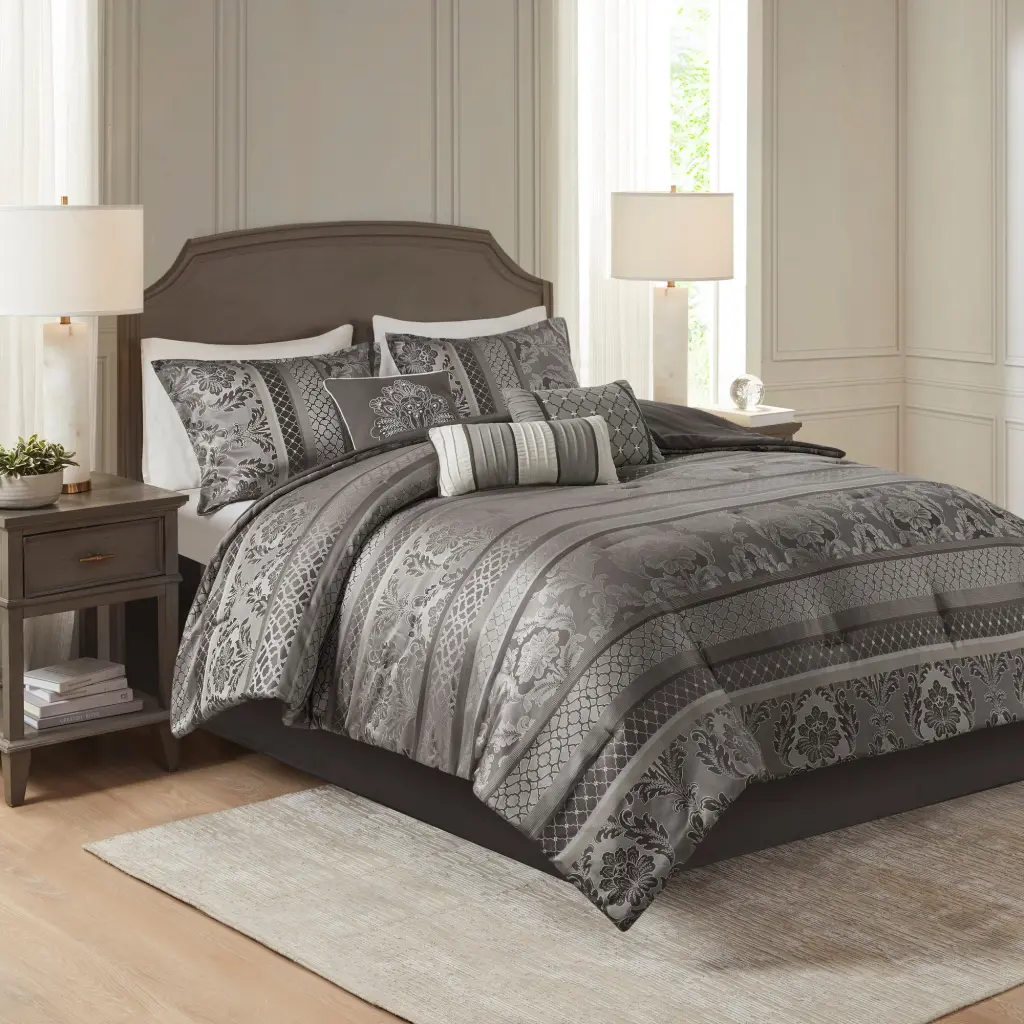 7 Piece Jacquard Easeer Set Grey King King Grey Polyester Bedding jla