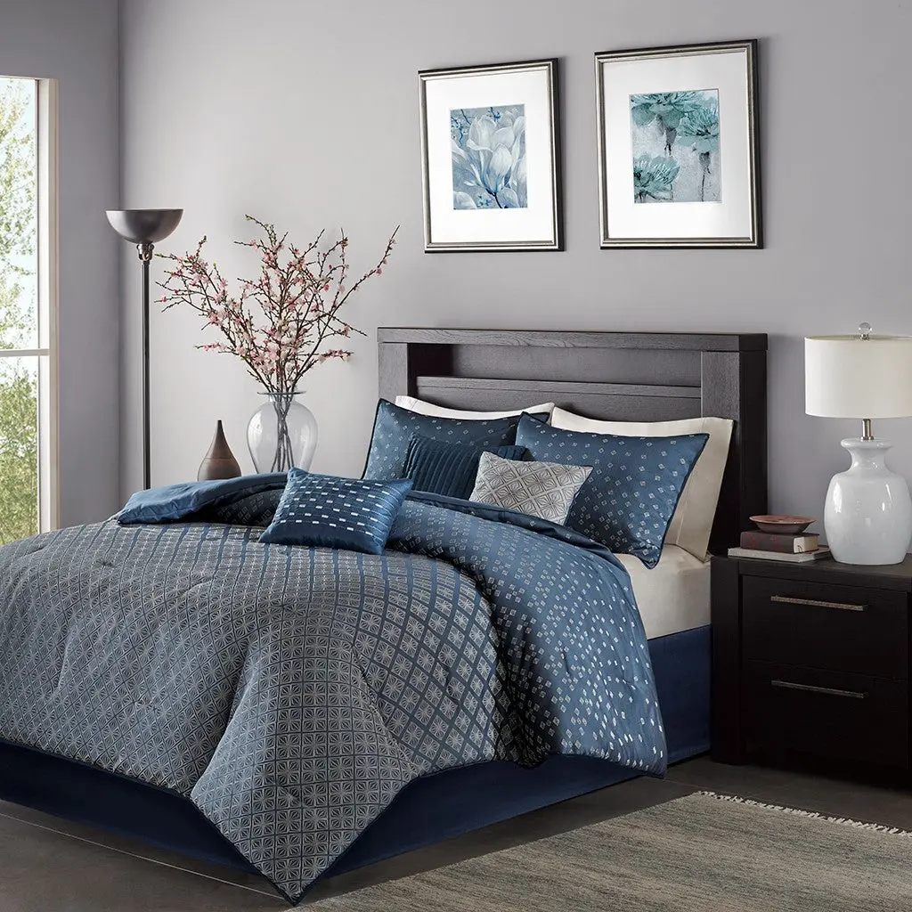 7 Piece Jacquard Comforter Set Navy King Polyester jla