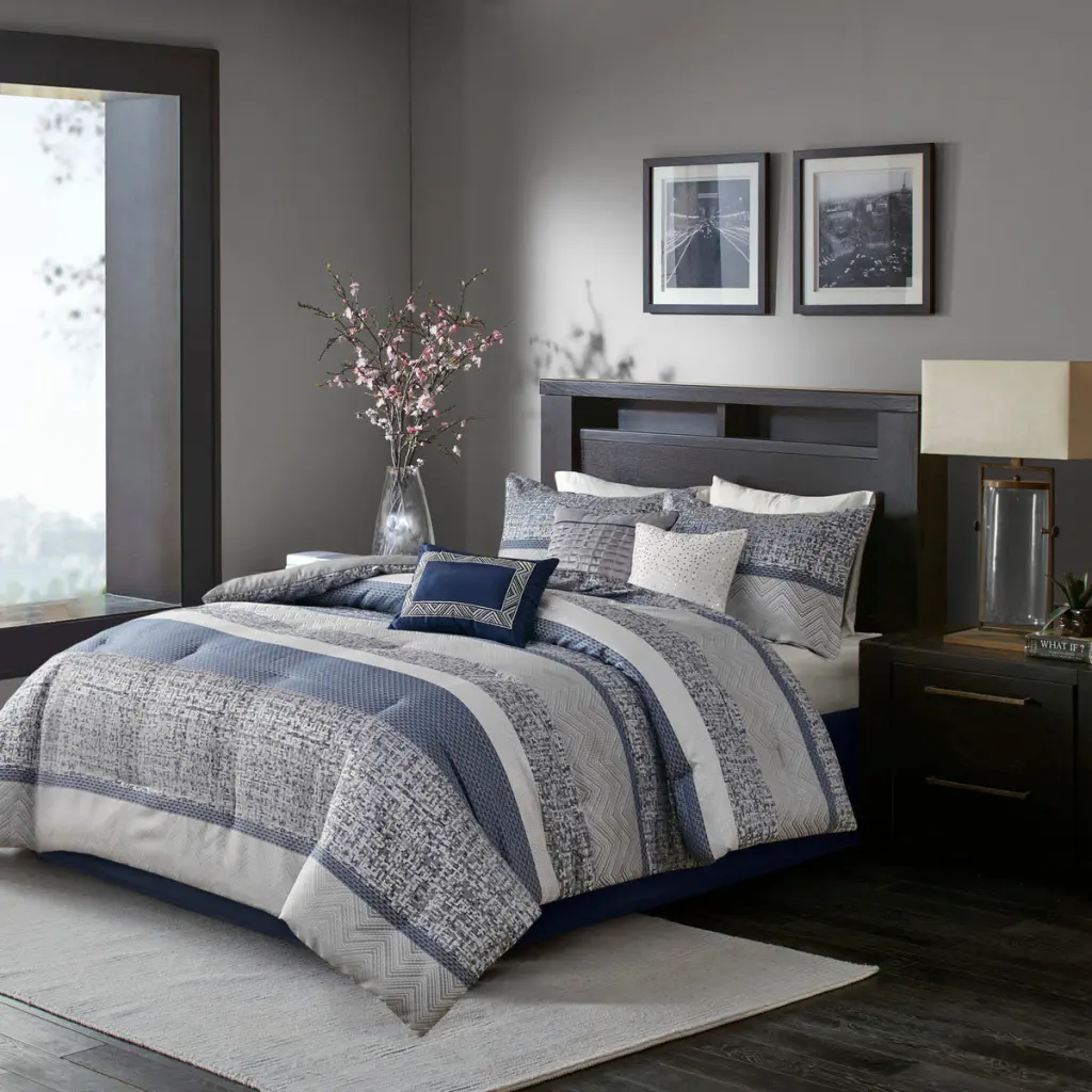 7 Piece Jacquard Comforter Set Navy Queen - Elegant Polyester Design jla
