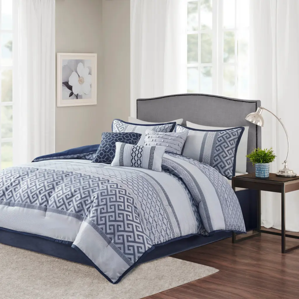 7 Piece Jacquard Comforter Set Navy Blue California King - Luxury Bedding Set jla