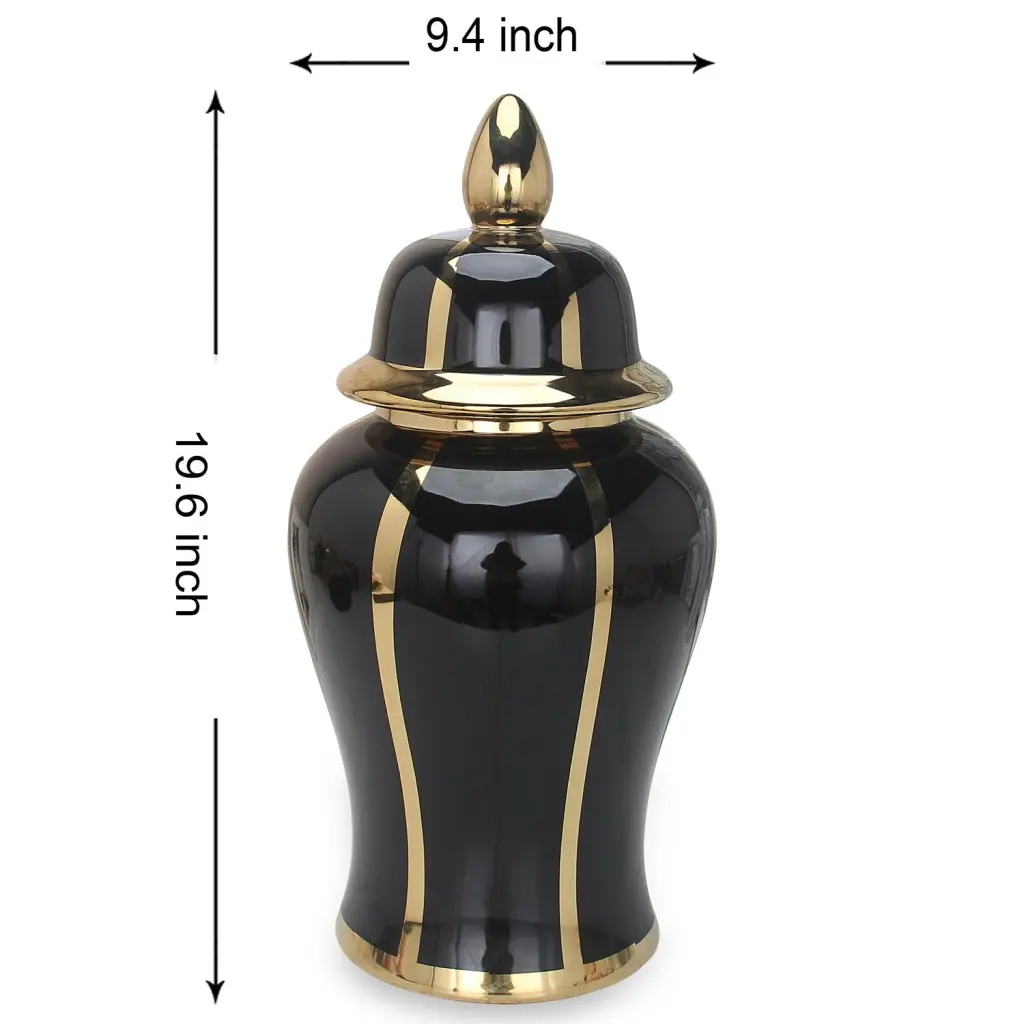 Black Linear Gilded Ginger Jar Removable Lid Black Porcelain furnings