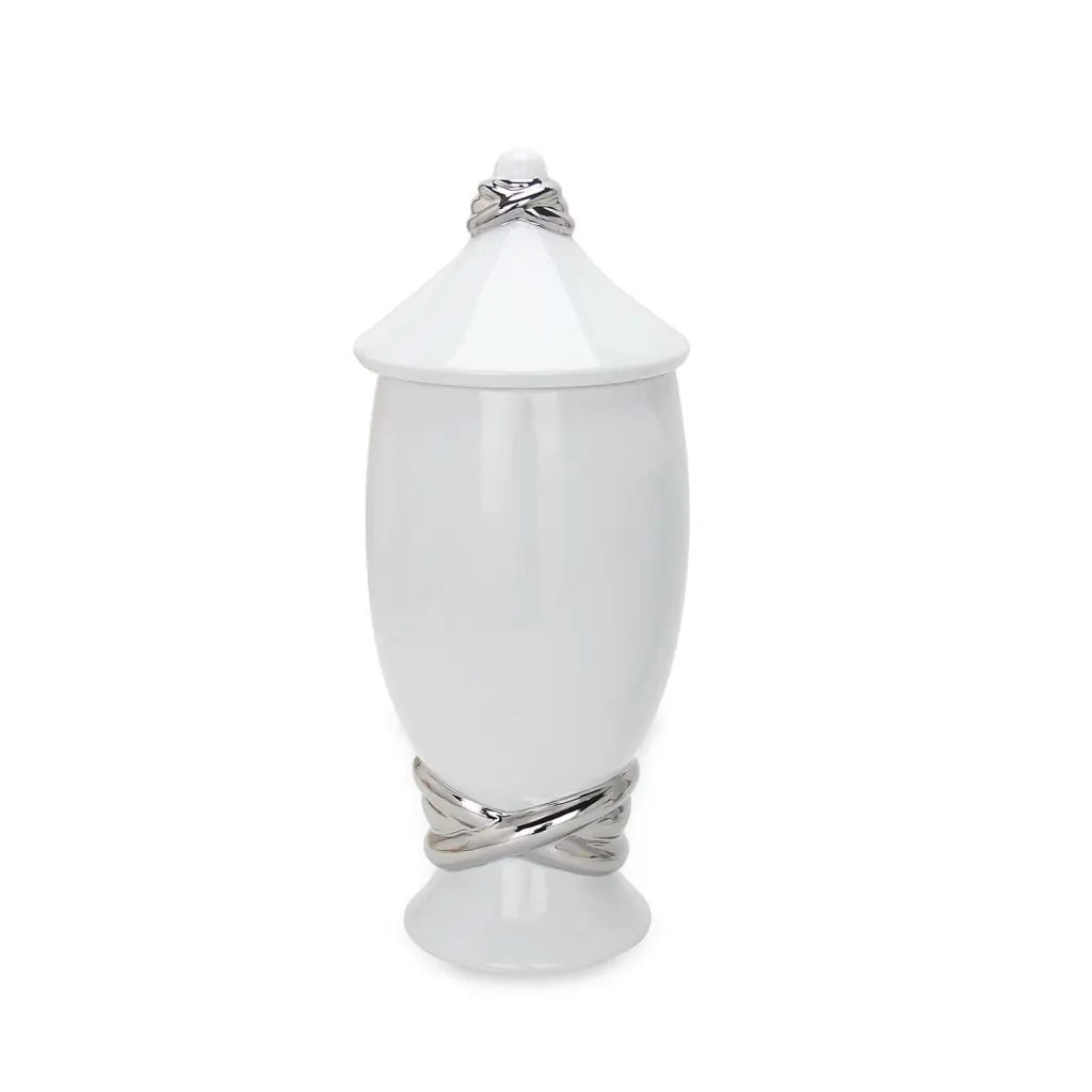 White Porcelain Decorative Jar Shiny Metal Accent And Lid - Home Decor Storage furnings