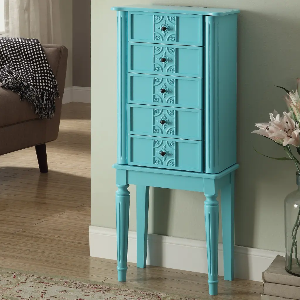 Light Blue 4 Drawer Jewelry Armoire Mirror Bedroom Storage Organizer furniture max
