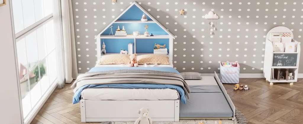 Full Dimensions House Shaped Bed Bookcase Headboard and LED Lights Kids bed best