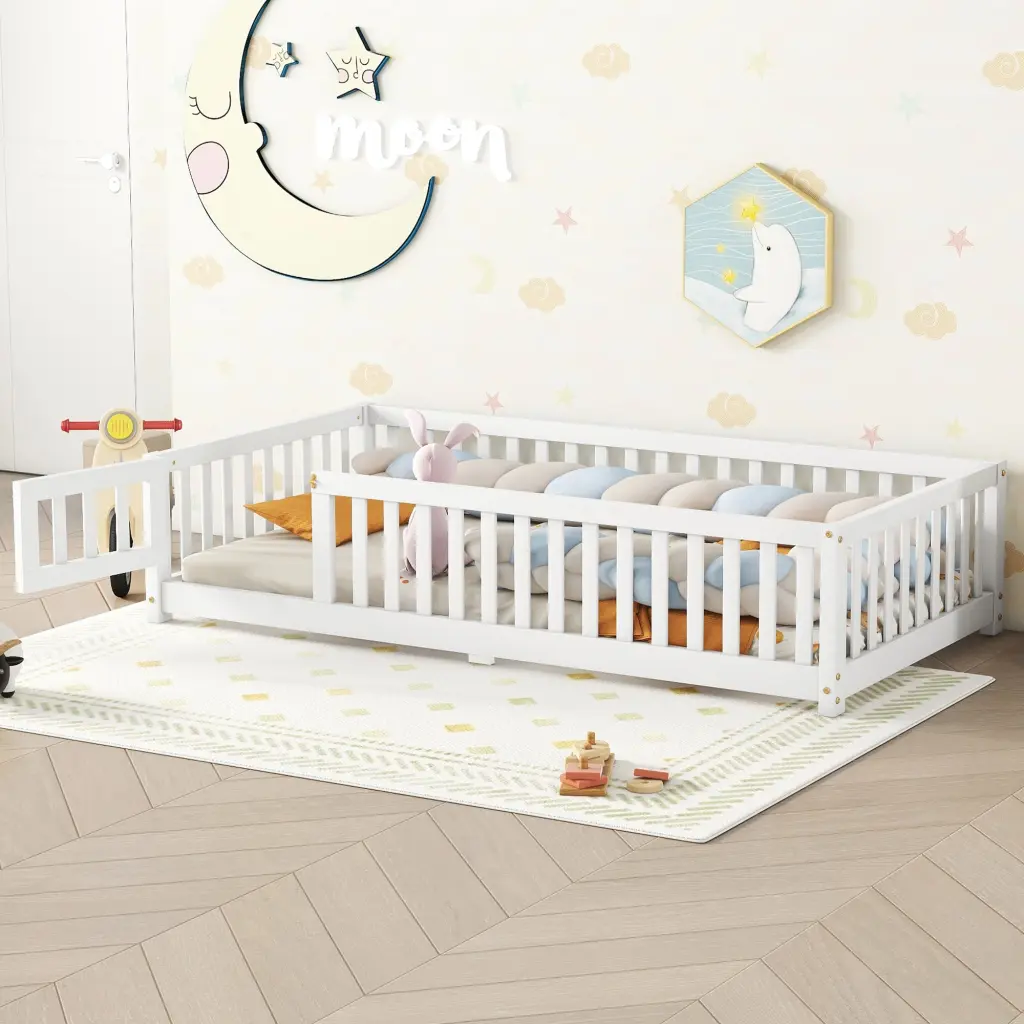 Twin Dimensions Bed Floor Bed Safety Guardrails and Door Kids White bonwell