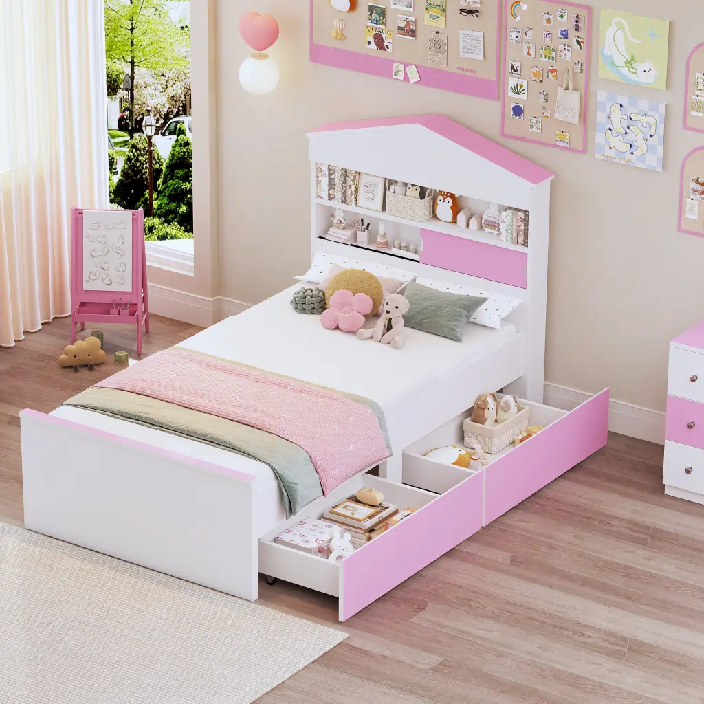 Twin Dimensions House Shaped Timber Bed Storage Shelf on Headboard homey life
