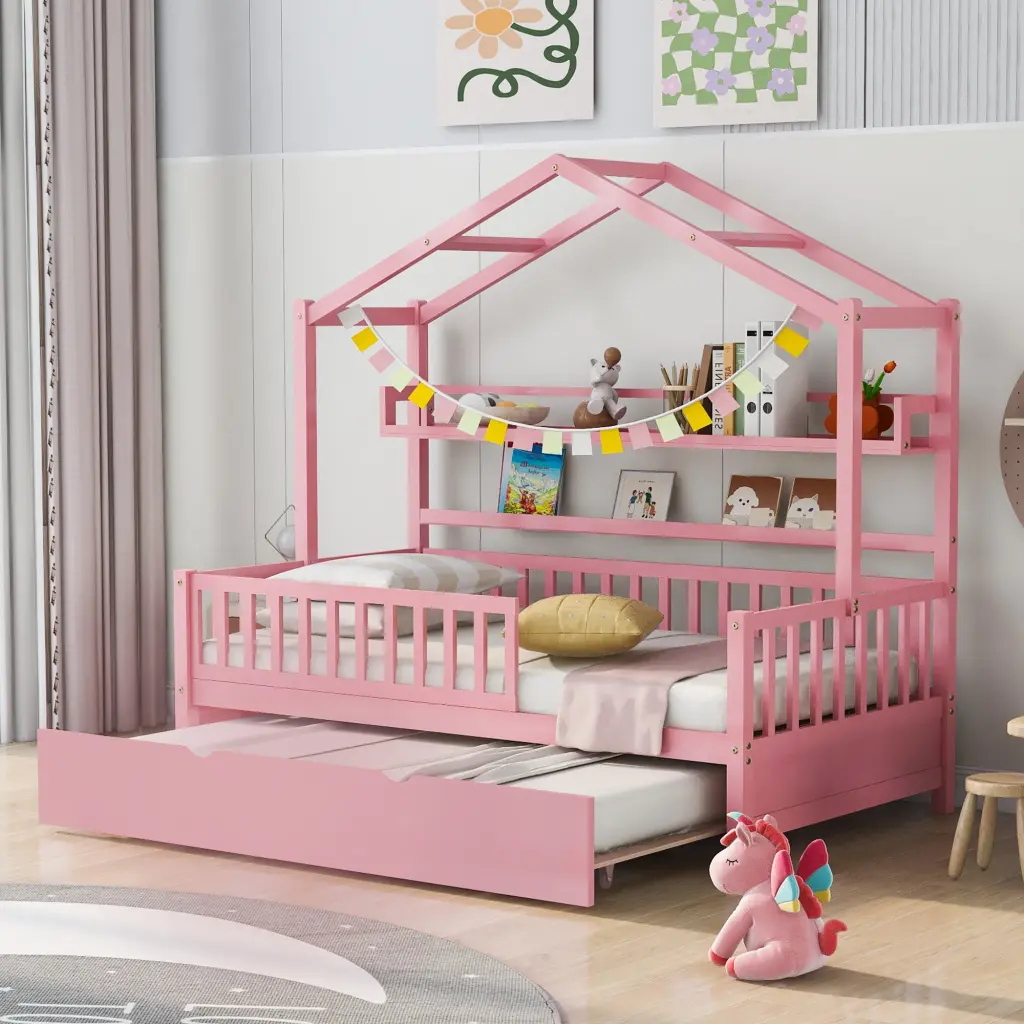Wooden Twin Dimensions Houtilize Bed Trundle Kids Bed Shelf Pink homey life
