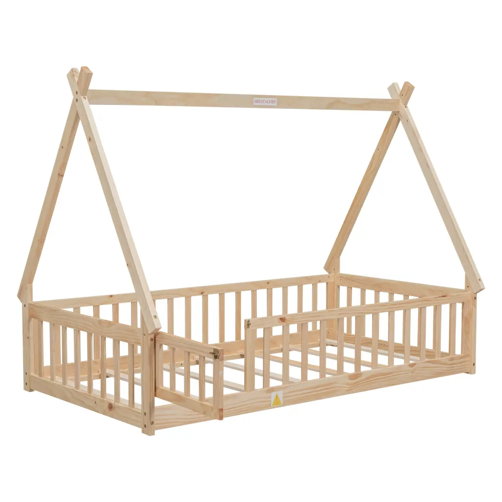 Twin Tent Shaped Floor Bed Guardrails Slats and Door Natural Wood inspirit