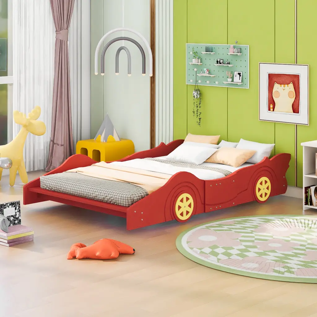 Full Dimensions Race Car Influenced Platform Bed Wheels Red Plywood Design lucky furniture
