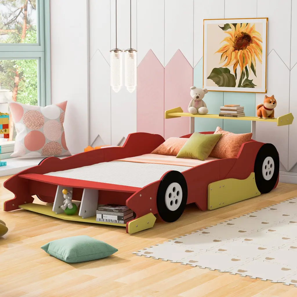 Full Dimensions Race Car Shaped Platform Bed Wheels Red Plywood Kids Bed lucky furniture