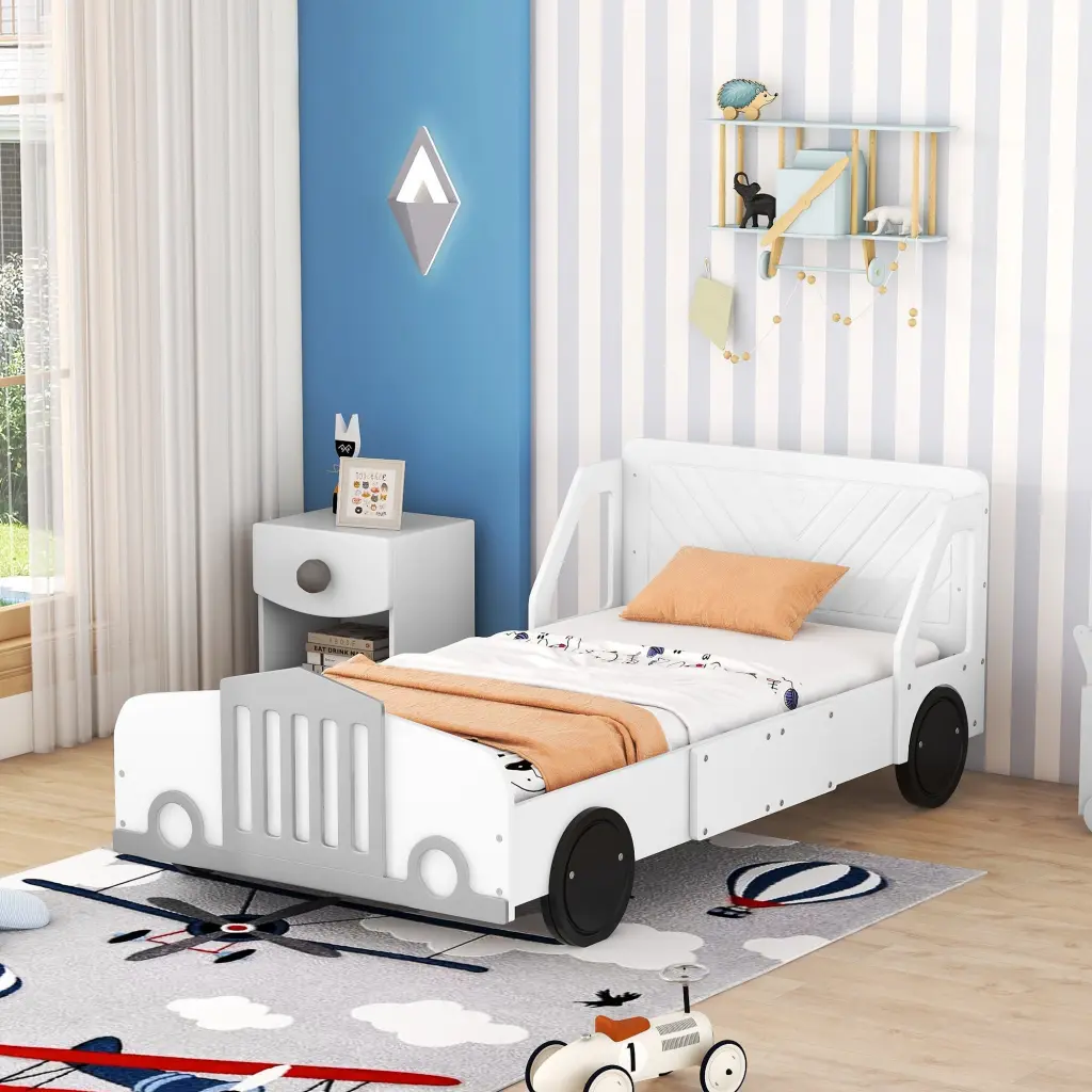 Twin Dimensions Car Influenced Platform Bed Wheels White Plywood Design lucky furniture