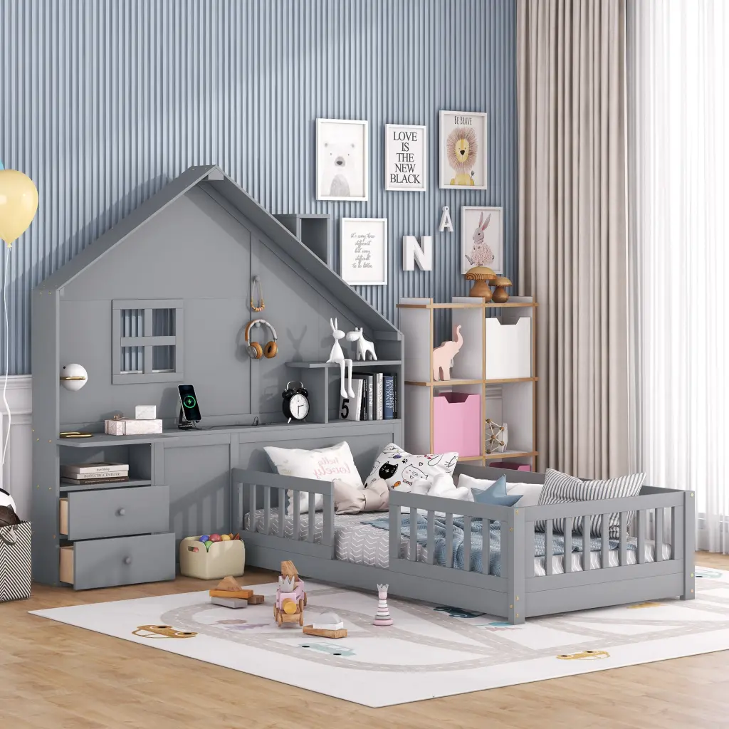 Twin House Bed Window and Bedside Drawers Platform Bed Frame lucky furniture