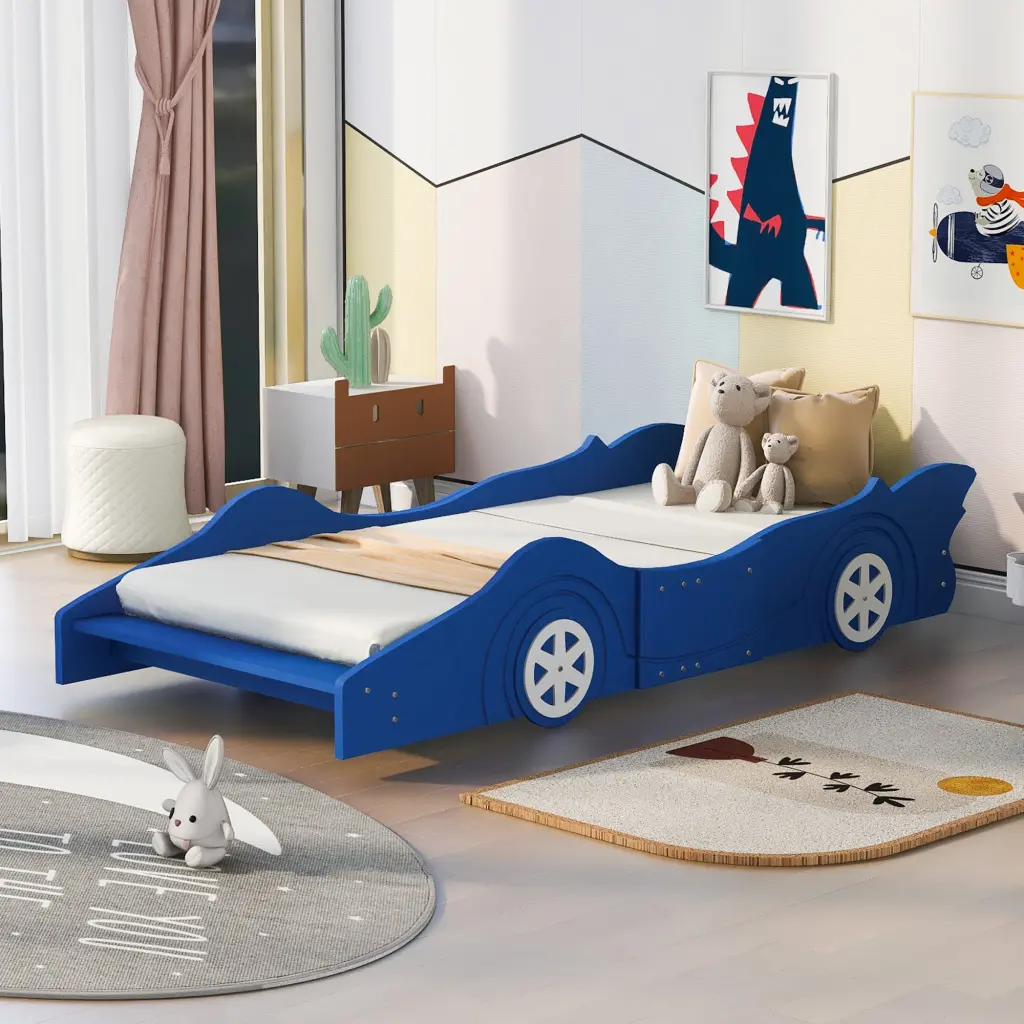 Twin Race Car Platform Bed Wheels Blue Themed Kids Bed Storage lucky furniture