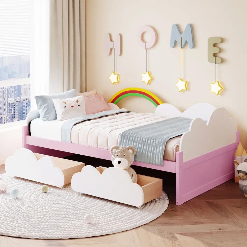 Twin Size Bed Clouds And Rainbow Decor Pink White Plywood Frame lucky furniture