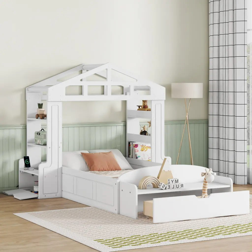 Twin Size Houtilize Bed Bench Socket And Shelves White Solid Wood lucky furniture