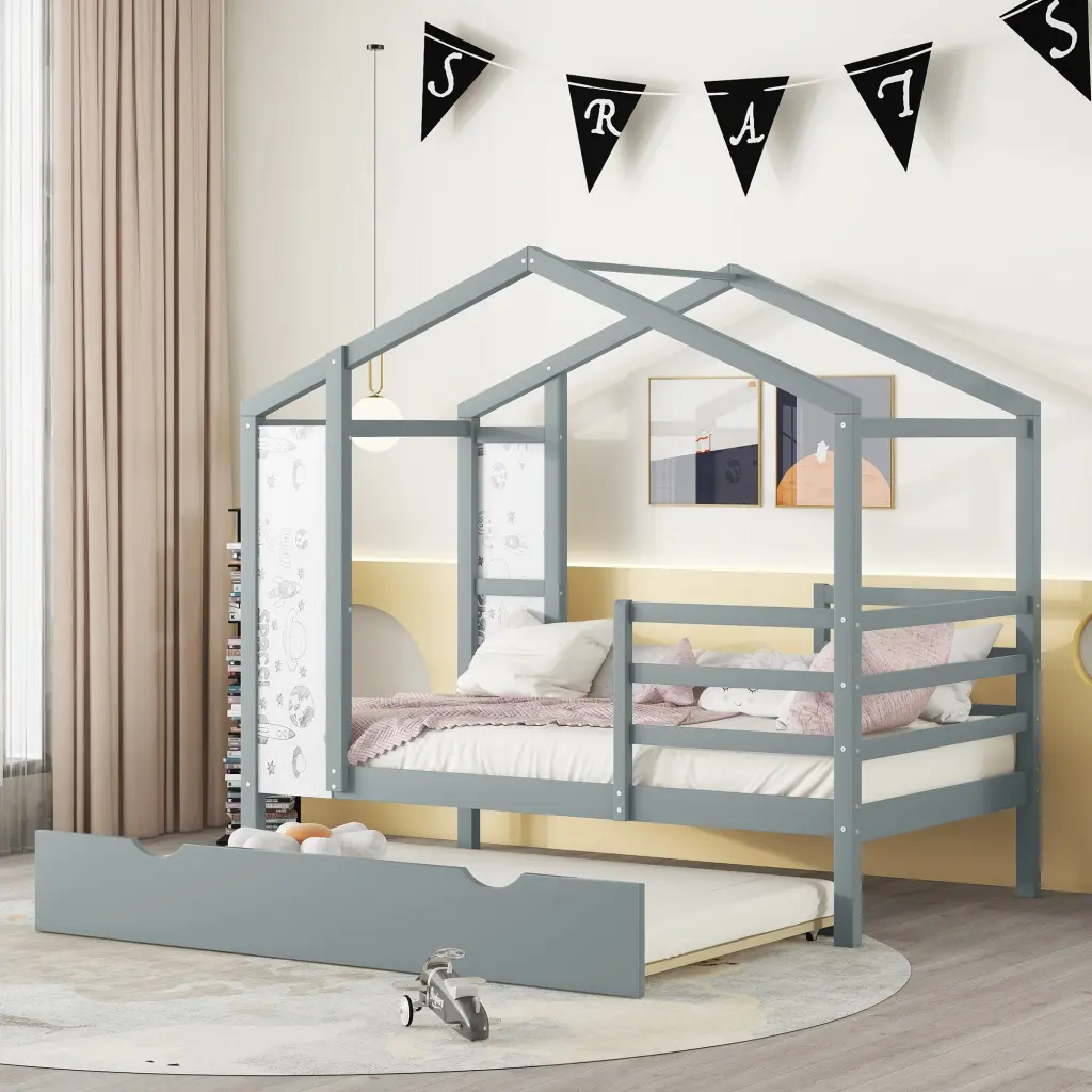 Twin Size Wood Houtilize Bed Fence and Writing Board Gray Solid Finish lucky furniture