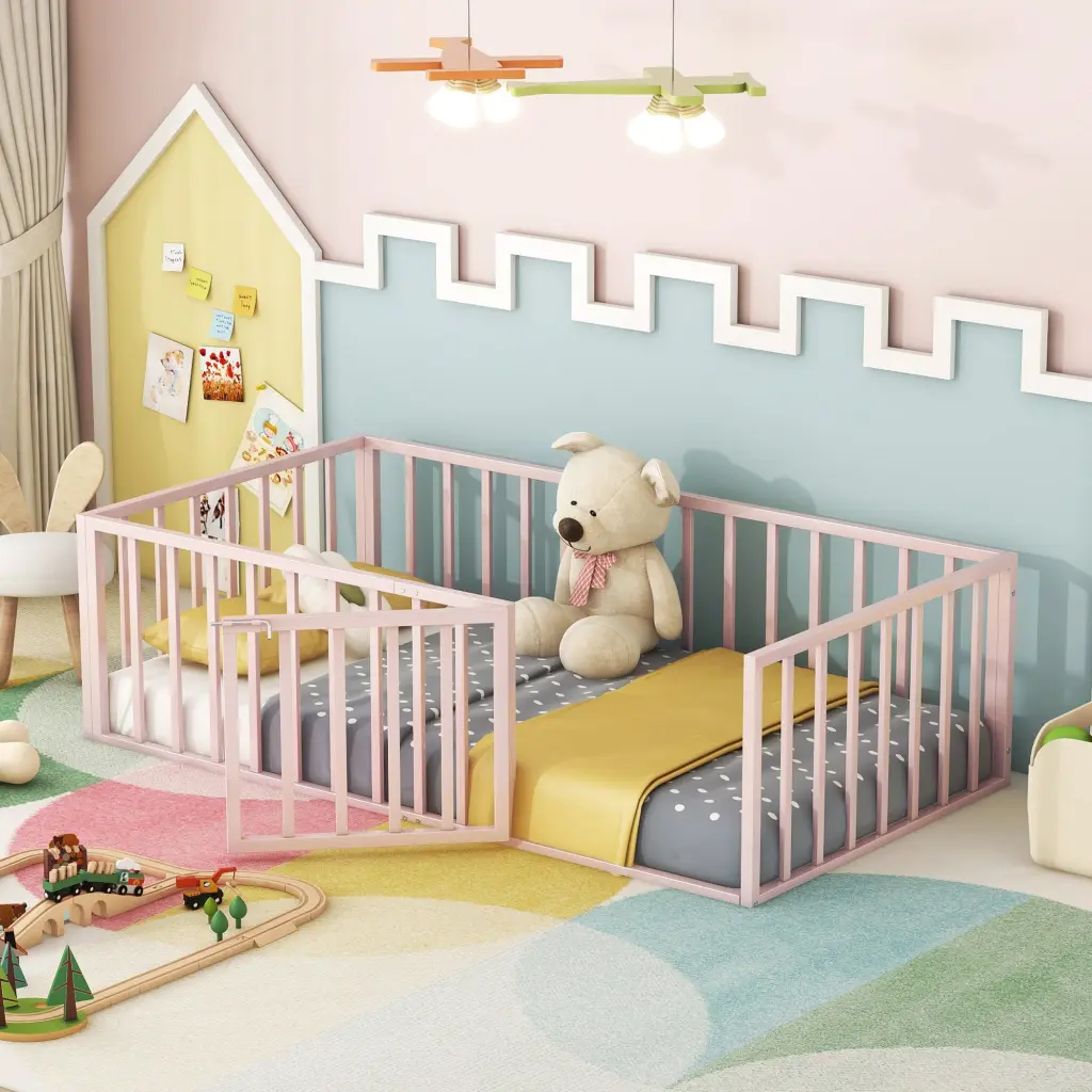 Twin Dimensions Metallic Floor Bed Frame Fence And Door Pink lucky world