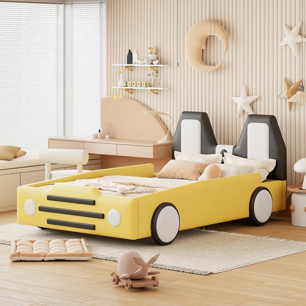Twin Size Race Car Shaped Platform Bed Wheels Yellow PU Leather lucky world