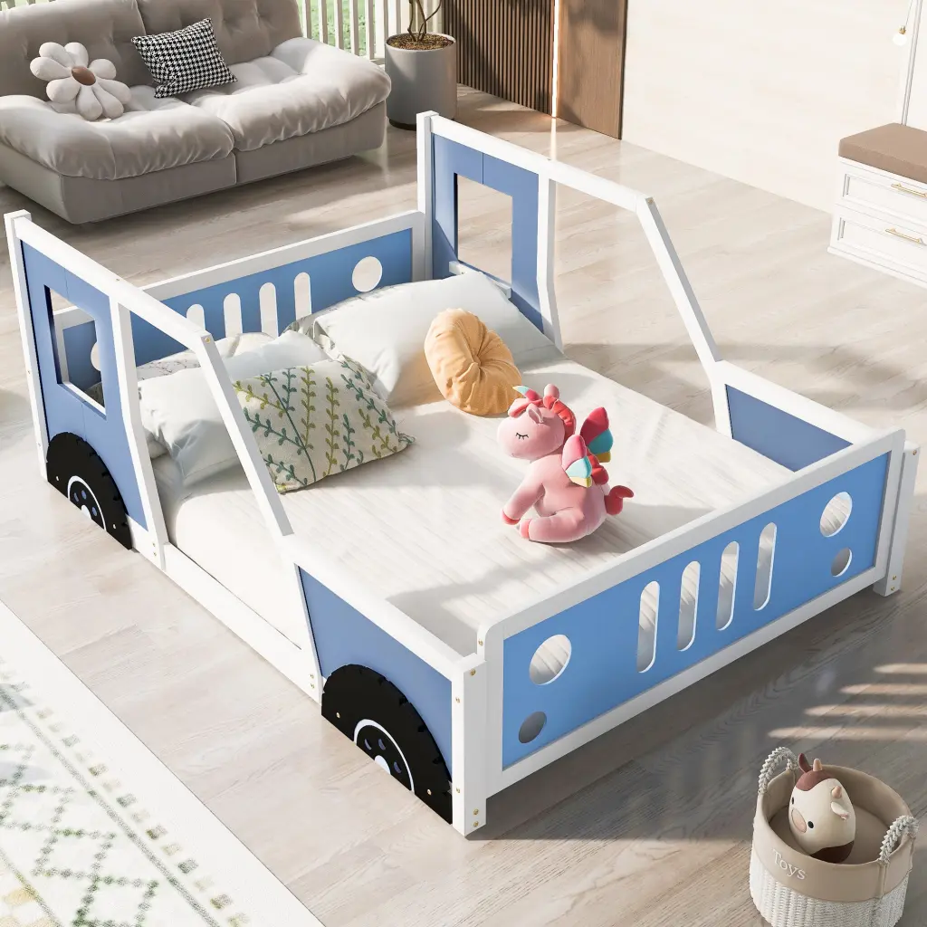 Full Size Classic Car Shaped Platform Bed Wheels Blue Pine Wood wm store