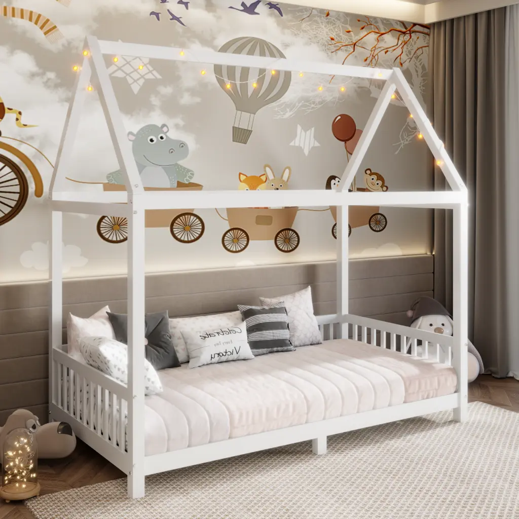 Timber Twin Size House Bed Guardrail and LED White Box Spring wm store