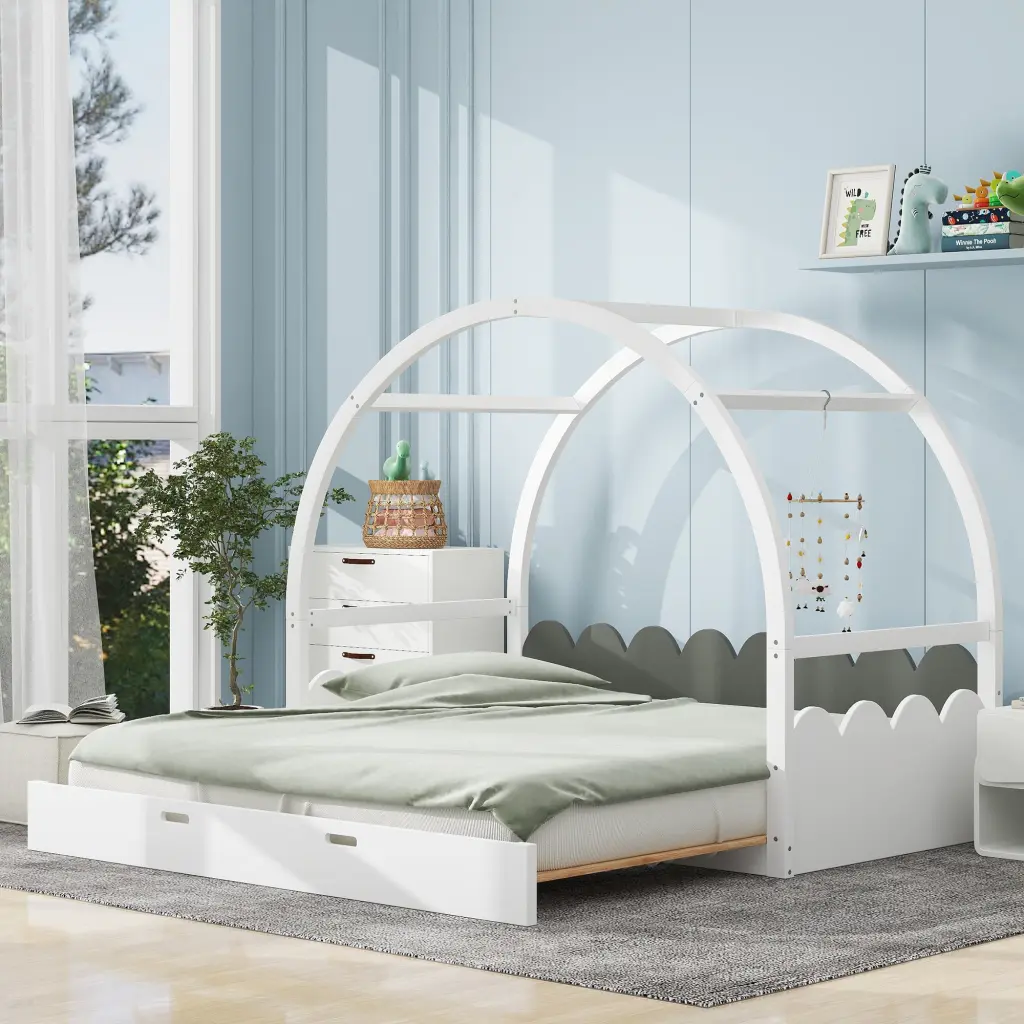 Twin Dimensions Stretchable Vaulted Roof Bed Children's Bed Pine Wood Frame wm store